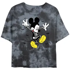 【送料無料】 ディズニー レディース Tシャツ トップス Disney's Mickey Mouse Happy Skeleton Juniors' Cropped Graphic Tee Black Charcoal