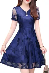 B.N.1（ビーエヌワン） セレクト ワンピース 二次会 結婚式 花柄 パーティー ドレス vネック シースルー ミニ 膝上 レディース フォーマル 衣装( ネイビー,  M)