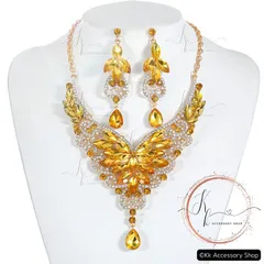 豪華シャンパンイエロー ビジューネックレス&ピアスセット 結婚式 パーティー