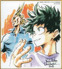 【中古】紙製品(キャラクター) 緑谷出久＆オールマイト 馬越嘉彦描き下ろし複製ミニ色紙 「原画集 僕のヒーローアカデミア 第一巻」 購入特典