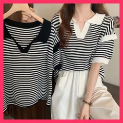 【スタッフおすすめ！】 ポロシャツ レディース 半袖 ボーダー 黒 ニットトップス/着やせニットお洒落/ニットポロシャツ夏 ニットtシャツ 薄手サマーニット 5分 おすすめ おしゃれ　かわいい　人気 2XINBH-001