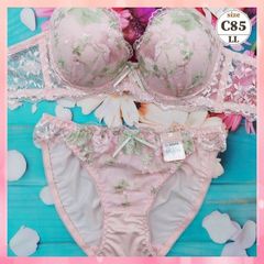 ★C85/LL☆美胸ブラ＆ショーツセット 脇高 美シルエット 谷間メイク 脇サイドスッキリ パステル花々 ピンク