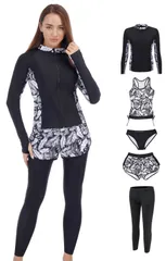 JINIMO ジニモ 水着 レディース 体型カバー ラッシュガードセット 長袖 水着セット フィットネス タンクトップ ショートパンツ レギンス セパレーツ UVカット・UPF50+ 水陸両用 豪華5点水着セット