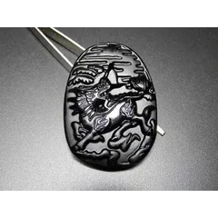 『幸運御守』天然石4A超大オブシディアン麒麟キリン精工彫り超迫力ペンダントトップ