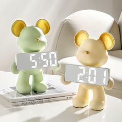 置時計 デジタル時計 置物 かわいい 時計を持ったクマ 動物 おしゃれ カラーバリエーション ホワイト オレンジ グリーン イエロー リビング 寝室 インテリア モダン 樹脂 貯金箱