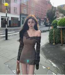 オフショルダー チェック ブラウン ONE PIECE