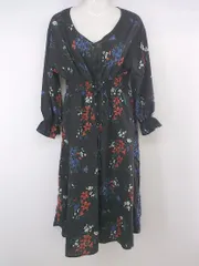 ◇ RAY CASSIN レイカズン 花柄 長袖 膝下丈 ワンピース サイズM ブラック レディース E  【1304120011984】