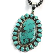 美品○Navajo ナバホ ターコイズ 925 ナバホ族 GJ ハンドメイド ビーズネックレス グリーン シルバー 箱付き 総重量48.25g メンズ レディース