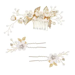 【特価商品】髪飾り ヘアアクセサリー ヘッドドレス 花 パール ヘアピン 和装髪飾り 3点セット フラワー コーム Uピン ヘアピン ウェディング 成人式 七五三 パーティー 披露宴 卒業式 入学式 和装 ヘアアクセサリー PureSino (A-WHITE)