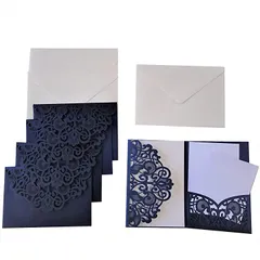 C-POSH メッセージカード グリーティングカード 5枚セット おしゃれなレース風 レーザーカット ポケット 封筒付き 三つ折り 結婚祝い 招待状(ネイビー5/白カード3)