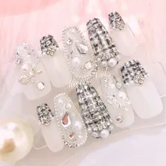 No.41オーダー♡量産型韓国フレンチガーリーワンホンスナ系ネイルチップ ツイードリボン