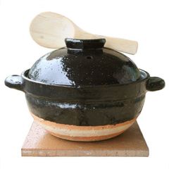 【中古】長谷園 土鍋 ご飯鍋 かまどさん 二合炊 21 cm 直火 専用 黒 伊賀焼 日本製 鍋敷き & しゃもじ & レシピ 付 CT-03