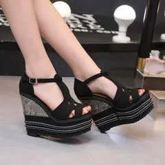 サンダル 厚底 レディース ウェッジサンダル スエード ストラップ 23.5cm ヒール14cm 夏靴 厚底サンダル 蛇柄 ブラック 黒 かかとあり アンクルストラップ ウェッジソール ウェッジヒール ハイヒール オープントゥ おしゃれ di054x1