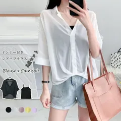 シャツブラウス レディース 春夏 7分袖 インナー付き 裾にタック ポリエステル 2点セット シアー 白