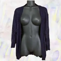 CAFii　カフィ　カーディガン　ネイビー　レディース　七分袖　大きいサイズ　ビッグシルエット　透かし編み　オープンフロント　ガウン　Vネック　伸縮性あり