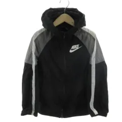 ナイキ NIKE ジャケット ウインドブレーカー フーディー ロゴプリント ジップアップ ライン 配色 ブラック 黒 グレー ホワイト 白 XS 120-130cm