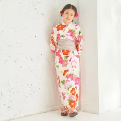 【浴衣 単品】キッズ 子供 ゆかた 白 椿 花柄 100〜150cm P8