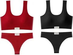 select shop Tomorrow スポーツブラ 上下 セット セクシー Tバック フリーサイズ 2枚 下着 ノンワイヤー レッド ホックなし F(レッドブラック,  Free Size)