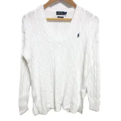 美品 POLO RALPH LAUREN ポロラルフローレン ロゴ 刺繍 ピマコットン Vネック 長袖 プルオーバー ケーブルニット セーター S ホワイト レディース 古着 中古 USED