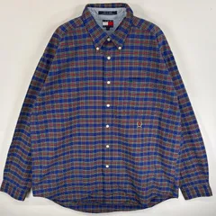 古着 90's/90年代 トミーヒルフィガー TOMMY HILFIGER 長袖Tシャツ ワンポイント ロゴ 刺繍 フラッグタグ 厚手 XL  ブルー系 チェック メンズ