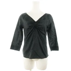 ナチュラルビューティーベーシック NATURAL BEAUTY BASIC ブラウス Vネック 七分袖 ギャザー コットン ドット 総柄 L 黒 ブラック /AH6