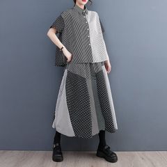 モード系  ストライプドット  パッチワーク  ハーフスリーブシャツ＆Aラインスカートセット ストライプとドットの柄生地