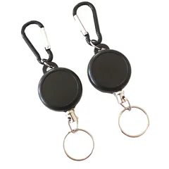 [Alpha Depot] リールキーホルダー カラビナ付 リールストラップ キーリール パスケース用 金具 吊り下げ 名札用 金属ワイヤー 伸縮 紛失防止 アウトドア (ブラック x 2個) [ブラック x 2個]