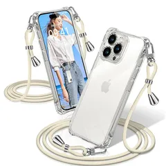 iPhone 15 Pro ケース クリア ショルダー 耐衝撃 iPhone15Pro スマホケース 透明 織りストラップ付き 肩がけ 首掛け 紐付き アイフォン15Pro カバー 縄掛け シングルショルダーロープ 斜めがけ 調節可能なショルダー クロスボ 1