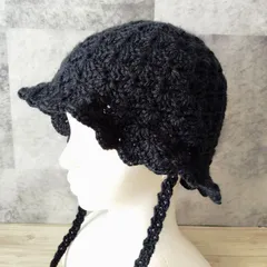 クロシェハット　手編み　紐付き　秋冬　バケットハット　クラッシャーハット　ニット帽　ビーニー　レース編み　かぎ針編み