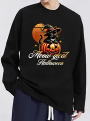 送料無料 前面プリント　100%コットン　面白い　おもしろいTシャツ 黒猫カボチャ 長袖Tシャツ メンズ  レディース　かわいい　ユーモア　パロディ 柔らかい肌触り オシャレ 快適 丸襟 軽い  服 通勤 部屋着  春秋