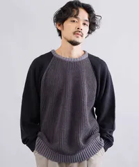 新品 未使用 JIGGYS SHOP(ジギーズショップ)配色 ローゲージラグランリブ編みニットセーター 217587 ブラック