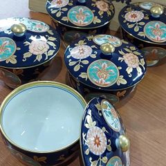 ☆未使用 赤絵花鳥 ガラスデザート鉢揃 和食器 龍峰窯 高台小鉢 輪花鉢