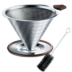 【人気商品】洗浄用ブラシ付き 一体式 2層メッシュ 4杯用 ステンレスフィルター コーヒードリッパー SRIWATANA