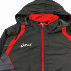 asics ☆ 配色◎ 秋冬 ウィンドジャケット ナイロンジャケット パーカー ブラック レッド M スポーツ トレーニング 部活 アシックス■K225