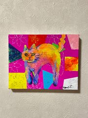 285. 真作　キャンバス　絵画原画　アート　現代アート　動物　ネコの絵　猫