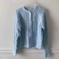ケーブル編み ケーブル カーディガン 新品 (スカイブルー)