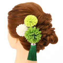 髪飾り 成人式 振袖 前撮り 袴 花 浴衣 夏祭り 花火大会 豪華3点セット 緑 黄緑 白 房付き ヘアアクセ かんざし ヘッドドレス No.9-3637