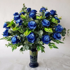 造花バラブルー（切子花瓶入)【高80×幅60】光触媒コーティング