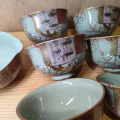 8【レア・珍品・美品】九谷 正山 湯呑 6客 湯冷まし セット 金彩 青裂 茶道具 梅の花 九谷焼 藤原定家 短歌 新古今和歌集 和歌 JAPAN 青磁 海外 外国人 お土産 九谷焼 アンティーク ヴィンテージ レトロ 茶器 お茶 陶器