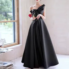 パーティードレス レディース ロング丈 ワンピース ドレス 結婚式 お呼ばれ ワンショルダー 胸元リボン ビックリボン シンプル 大人 ブラックドレス 韓国系 0621