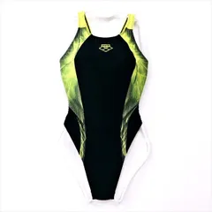 ●SE3G46☆arenaアリーナ競泳水着 Lサイズ 黒黄色 *サイドウェーブギザギザライン オープンバック レディース 練習用水着 フィットネスジムプール ワンピース■