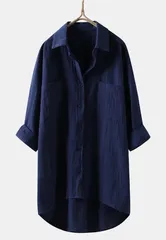 【ネイビー】チュニック ブラウス 長袖 体型カバー シャツ 白 ゆったり オーバーサイズ 大人カジュアル リネン シワ加工 春 夏 秋