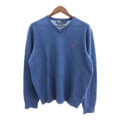 90年代 Polo by Ralph Lauren ポロ ラルフローレン ラムウール ニット Vネック セーター カジュアル ブルー (メンズ XL) 中古 古着 P5699