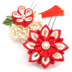 髪飾り 成人式 振袖 浴衣 袴 ２点セット 赤 つまみ細工 結婚式 入学式 入園式 卒園式 卒業式 七五三 ブライダル 前撮り 和装 日本製 花 かんざし 簪 フォーマル 花飾り 人気 紅 着物 アカ W 30 323-282 u853　Si