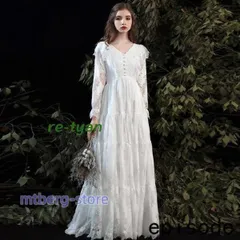 ウエディングドレス レース 二次会 スレンダー2次会 結婚式 撮影 前撮り花嫁 袖ありブライダル エンパイアライン 白 ワンピース ロングドレ