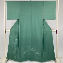 たんす屋 TANSU-YA 中古 リユース着物 色無地 緑 セミフォーマル 地紋織 山車 袷 絹 未洗い 【身丈】155cm【裄丈】65cm MS4385