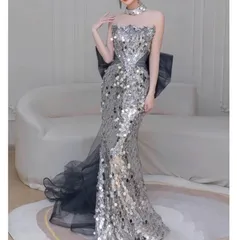 ロングドレス 演奏会 カラードレス シルバー 花嫁 カクテルドレス 結婚式 イブニングドレス 二次会 フォーマル 発表会 パーティードレス スパンコール マーメイドドレス オフショルダー タイト 1050