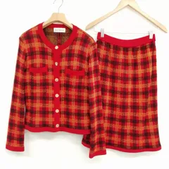 イヴサンローラン YVES SAINT LAURENT 美品 ヴィンテージ ニット スカート スーツ セットアップ チェック柄 YSL 金ボタン M レッド系のサムネイル