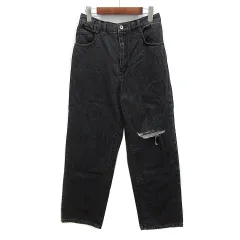 アリー バイ ダブルクローゼット Alley by w closet デニム ワイド パンツ ジーンズ クラッシュ ダメージ 加工 ウエストゴム ブラック 黒 F