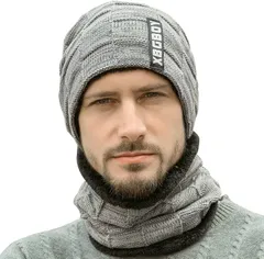 CUBATTY ニット帽子 ネックウォーマー 2点セット 防寒 裏起毛 メンズ レディース ニットキャップ スキー スノボー バイク アウトドア用( グレー,  Free Size)